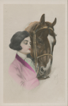 716072 Reclameprentbriefkaart, met een tekening van een ‘bevallige jongedame en paard’, gemaakt door ‘HS’, uitgegeven ...